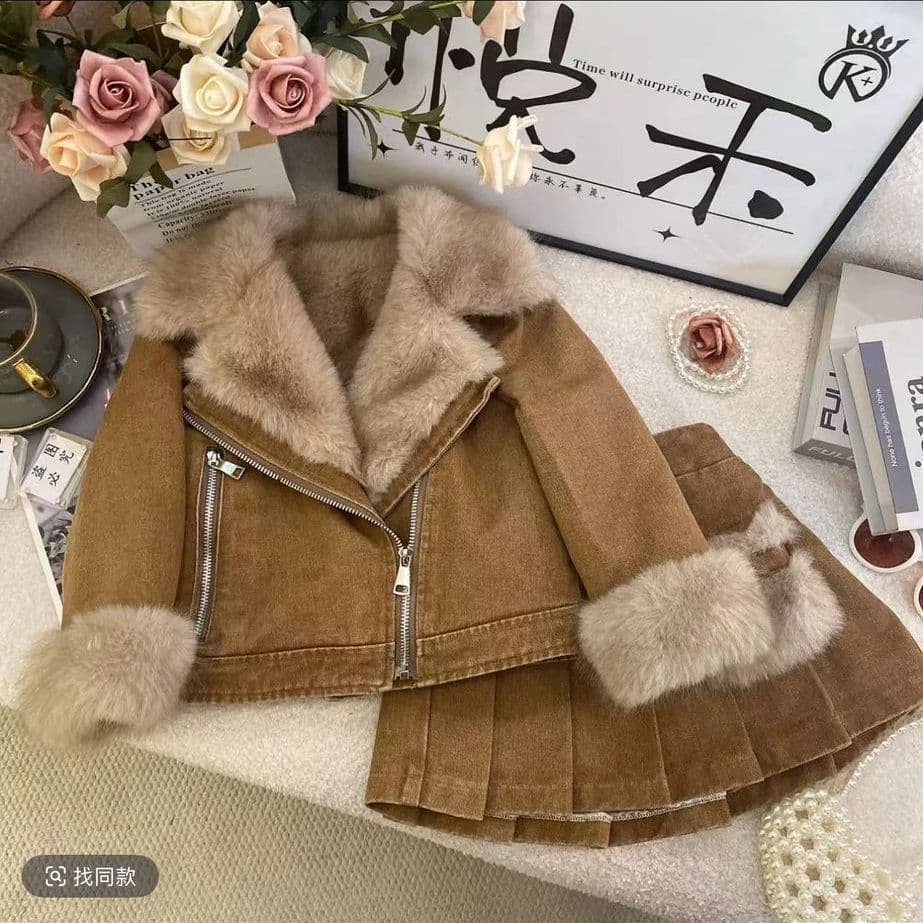 Girls suit winter new style children's fashionable furry warm denim jacket baby girl pleated skirt two-piece set