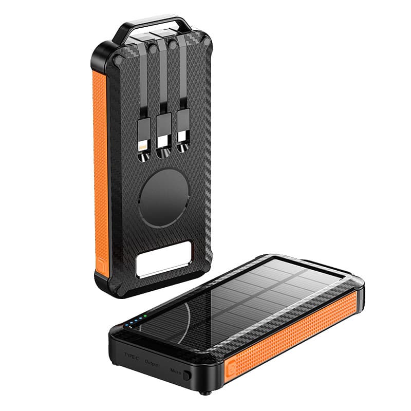 Outdoor Solar Power Bank 20000mAh with Built-in Cables and Wireless Charging