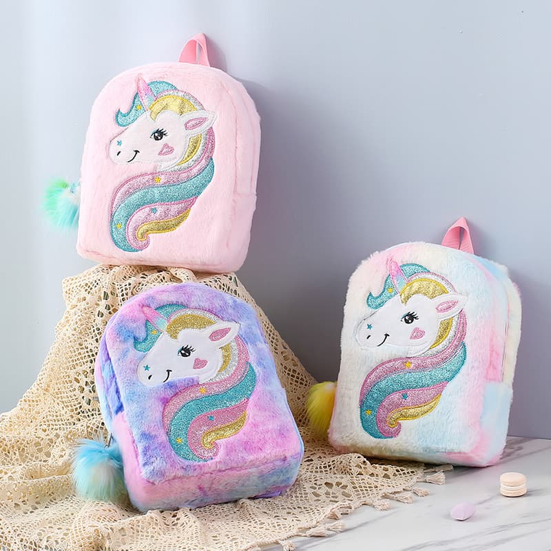 New Embroidered Unicorn Cartoon Plush Backpack, Large Capacity, Girls' Backpack, Cute Schoolbag for Kindergarten