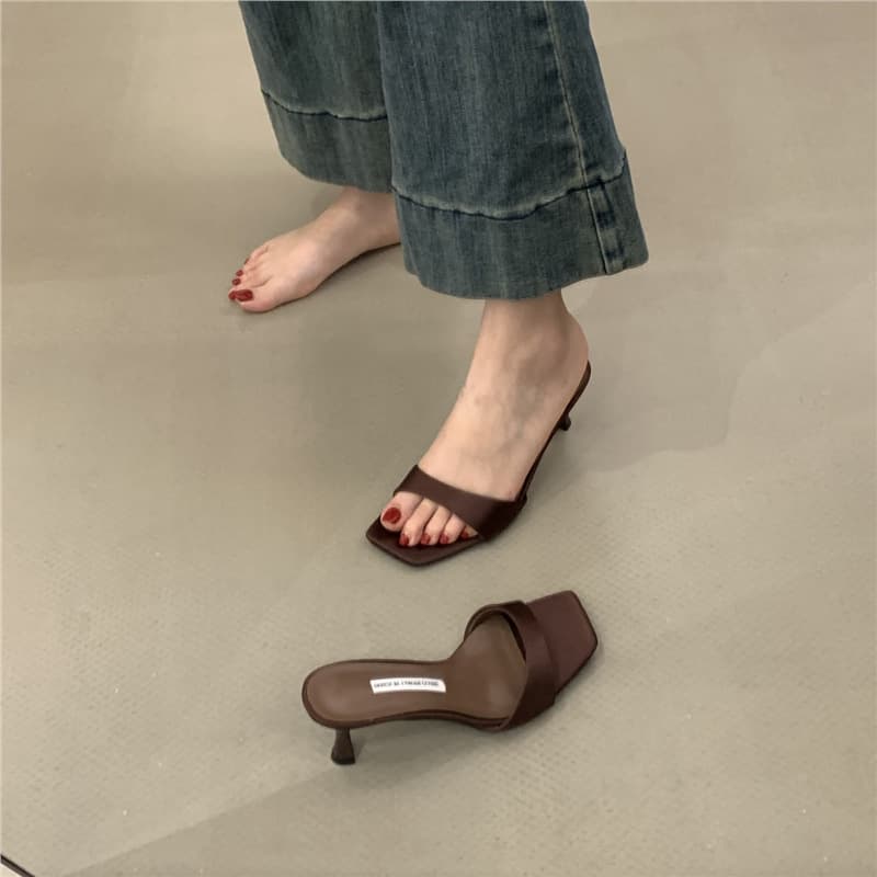 Elegant French Style One-Strap High Heel Sandals for Women, Summer New Arrival Black Stiletto Slide Sandals