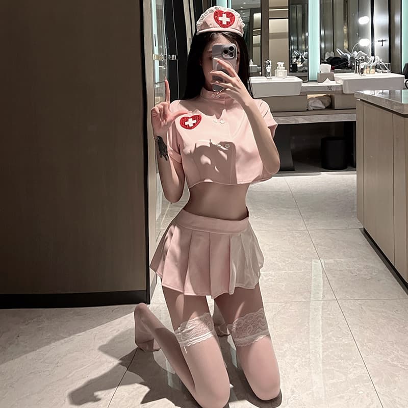 Pink Nurse Uniform Sexy Nightgown Set Pure Desire Style Mesh Pleated Skirt Sexy Role-Playing Lingerie Short Skirt