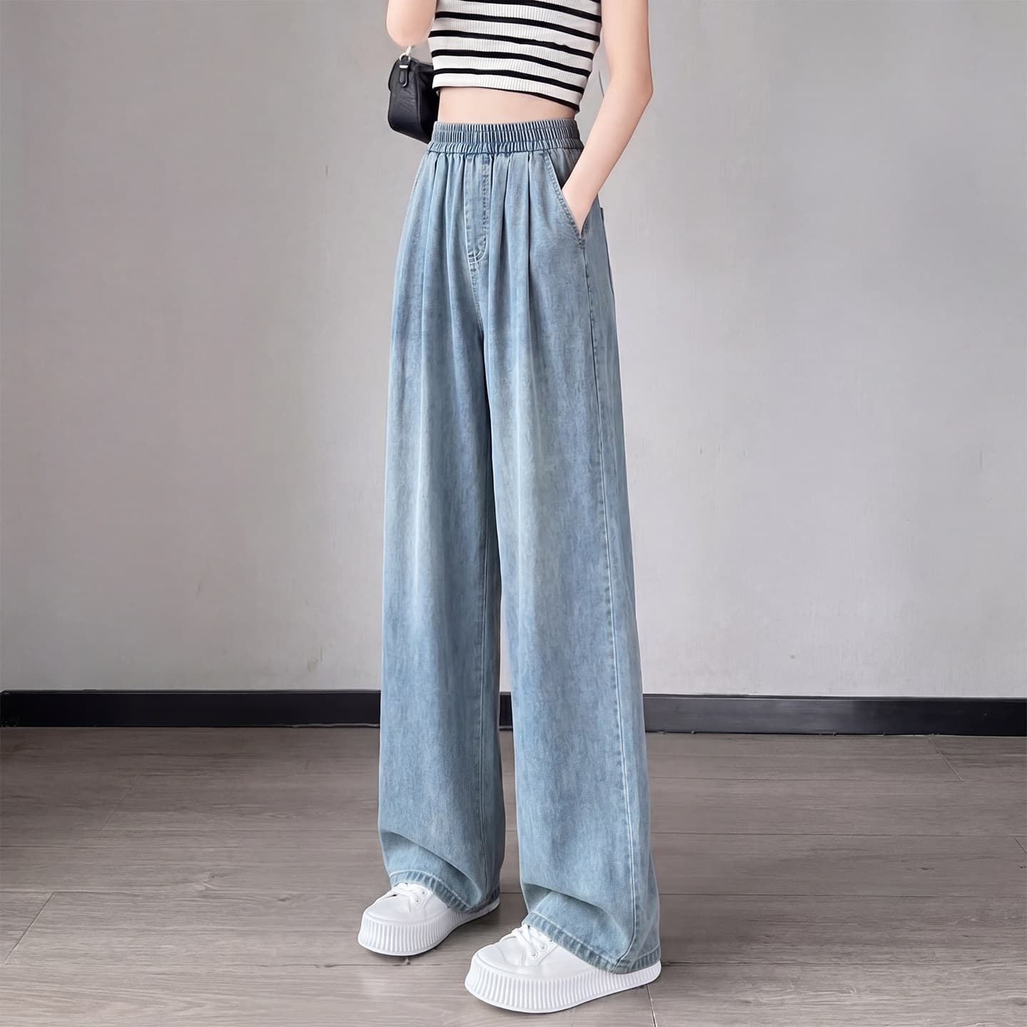 Blue Lyocell Straight Leg Jeans for Women Summer 2026 New High Waist Draped Casual Slim Fit Ice Silk Wide Leg Pants