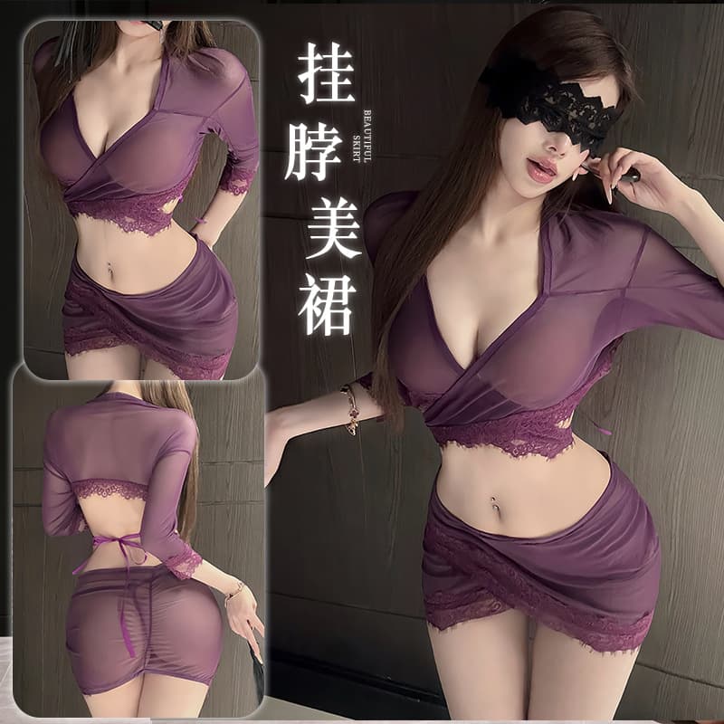 Lingerie Sheer Mesh Bodycon Dress Sexy Deep V Purple Temptation Pure Desire Easy-Off Uniform 1517