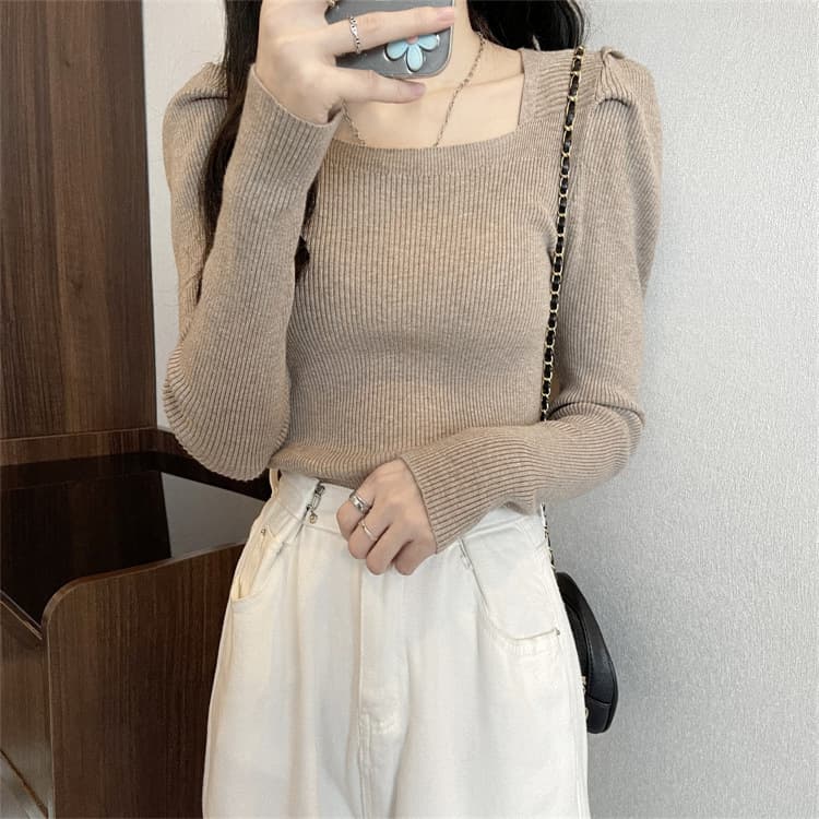 Square Neck Base Tee Women 2025 Fall Winter New Knit Low Neck Sweater Short Black Puff Sleeve Top Trendy