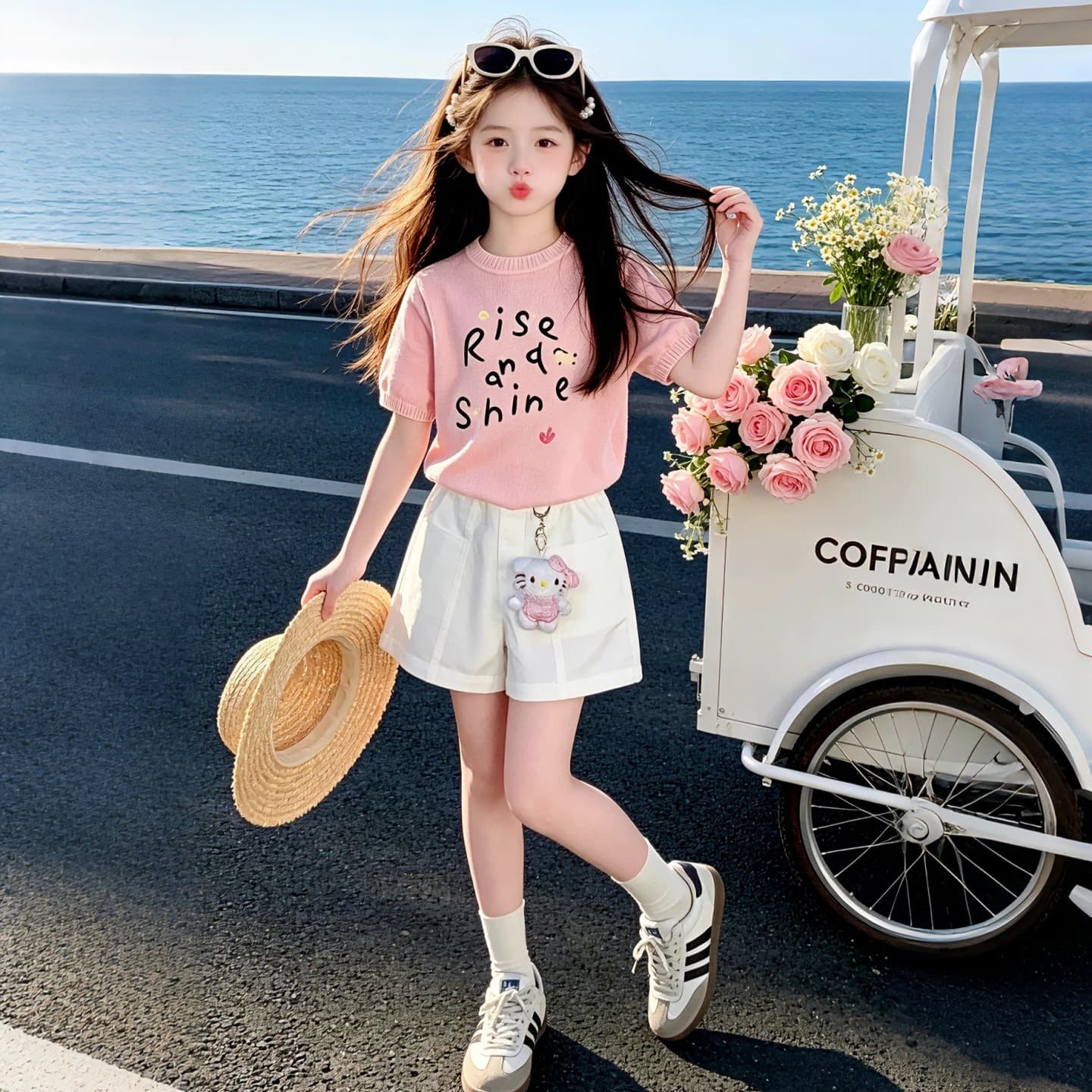 Girls' Yellow Letter Ice Silk Short Sleeve Black Label Little White Dress Two-Piece Set 2026 Summer New Casual Children's Set