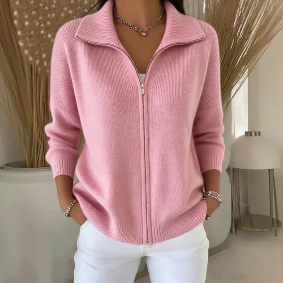 2026 European and American Zipper Knit Shawl Collar Cardigan Autumn Winter New Cross-border Solid Color Casual Fashion Women's Clothing