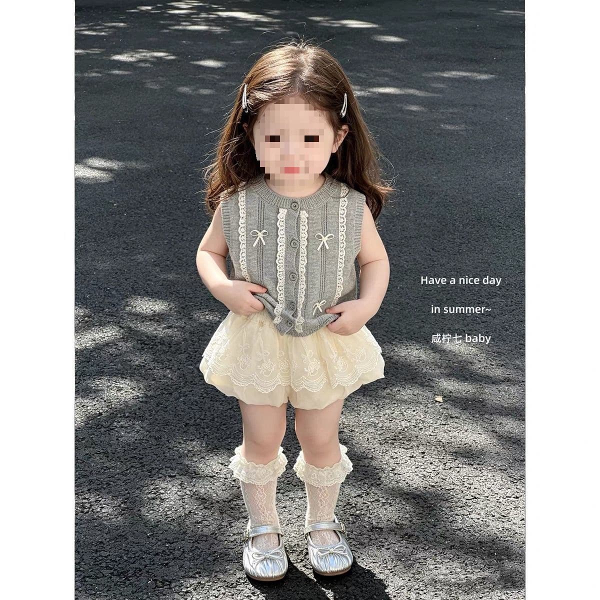 Baby girl summer suit 2026 summer new style sweet lace vest top lace bud shorts two-piece set