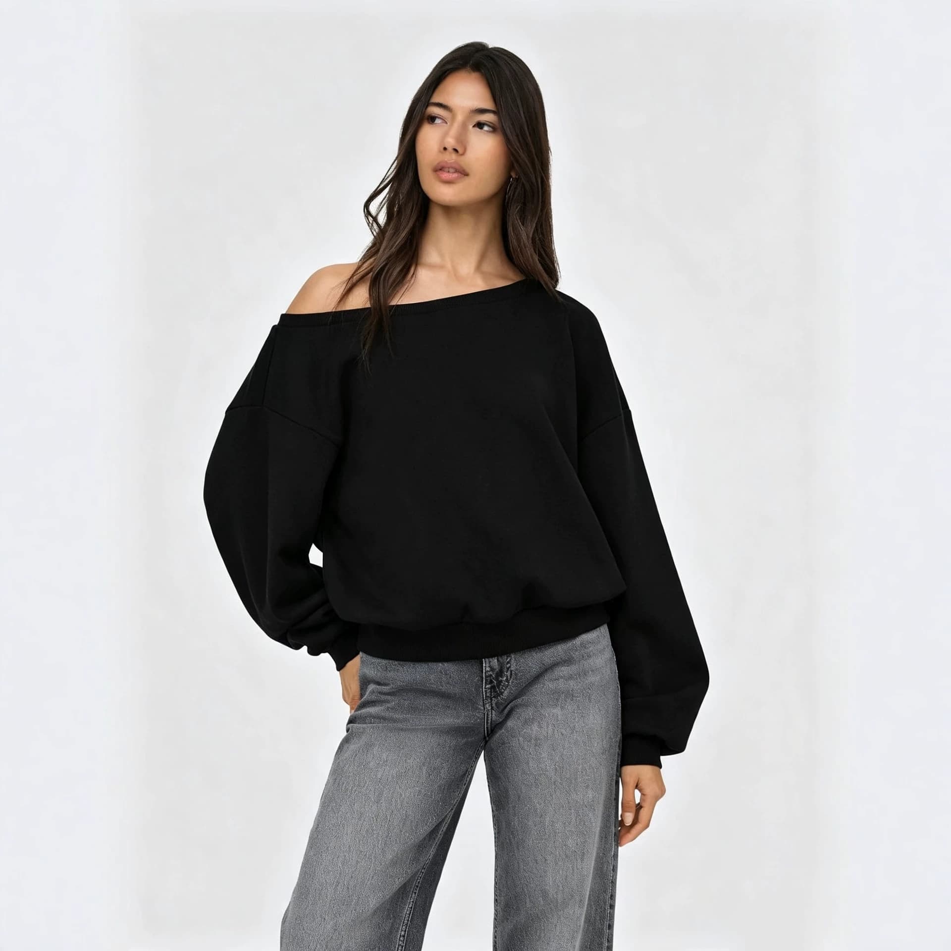 Amazon Women's Spring and Autumn Slant Neck Basic One-line Collar Off-Shoulder Solid Color Design Loose Casual Long-Sleeved Top