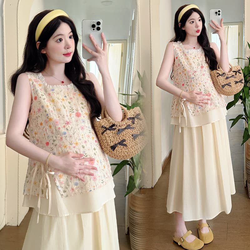 In Stock Real Photo Pregnant Women Summer New Floral Embroidered Top + Skirt Two-Piece Set Loose Maternity Wear