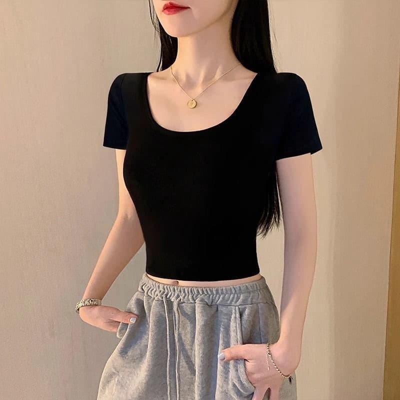 U-Neck Short Sleeve T-Shirt for Women Summer New Slim Fit Cropped Cotton Top with Natural Shoulder, Hot Girl Style White Black