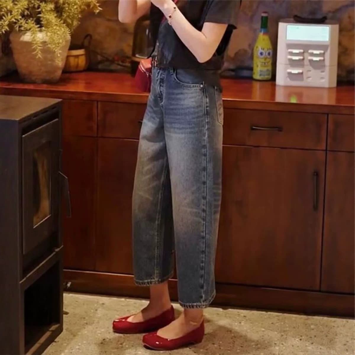 Straight Leg Design High Waist Jeans for Women Summer Thin Fabric Plus Size Petite Loose Slim Eight-Point Wide Leg Pants