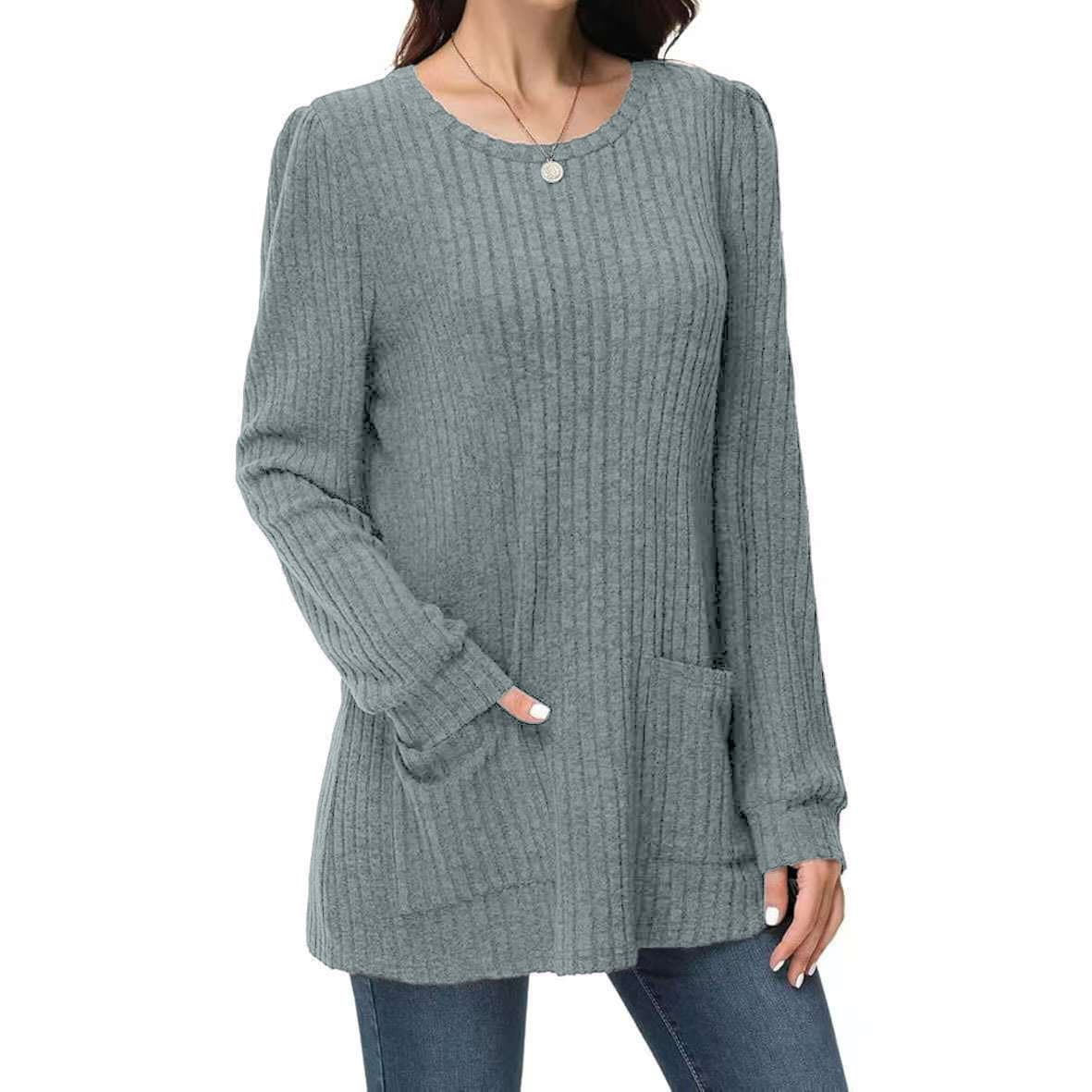 2025 Cross-Border Plus Size Women's Knitted Sweater, Casual Versatile Solid Color Ribbed Round Neck Long Sleeve Pocket Mid-Length T-Shirt