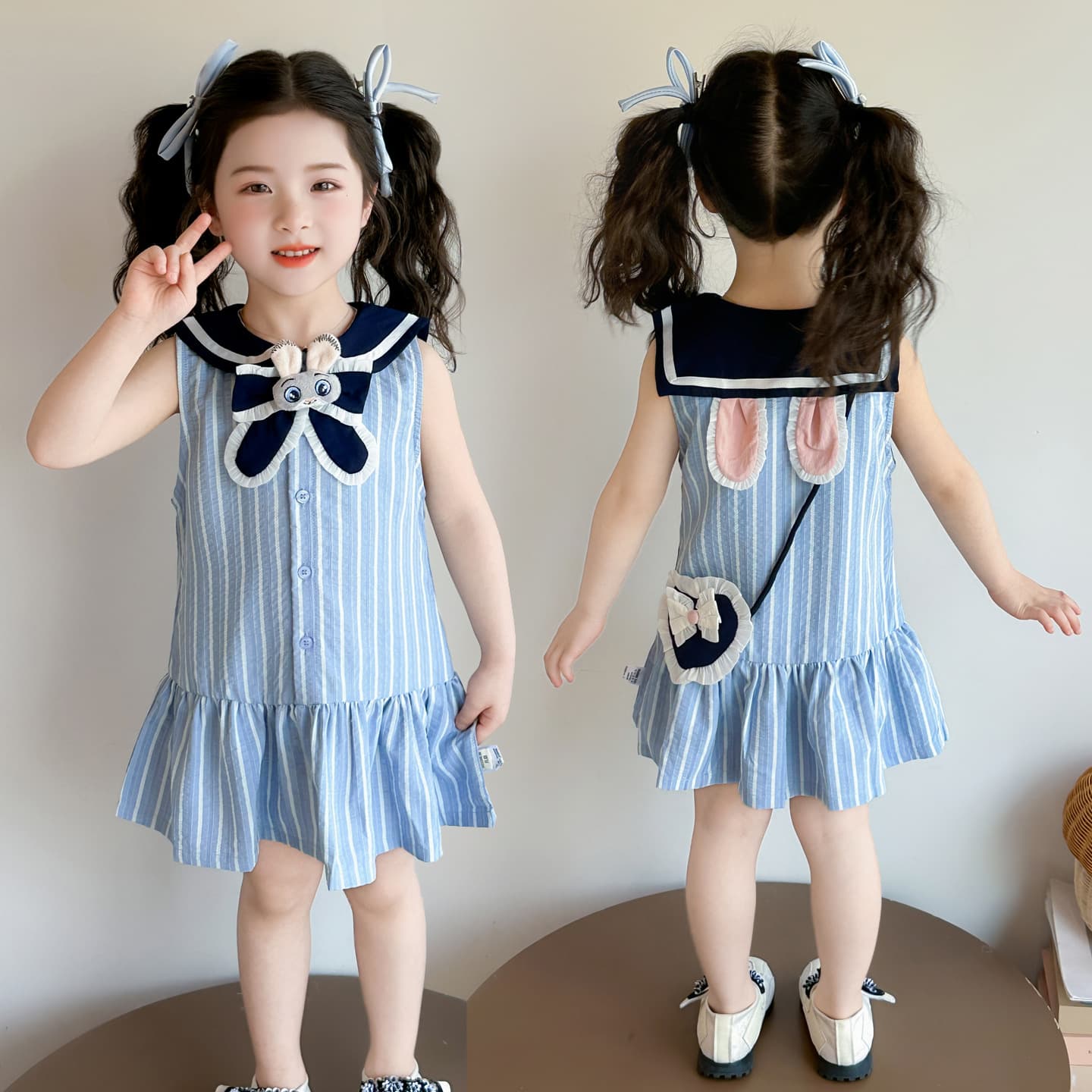Girls Summer Dress Children's Rabbit Officer Princess Vest Dress Fashionable Baby Party Dress Summer Skirt