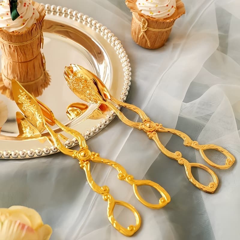 European Vintage Engraved Salad Tongs Bread Tongs BBQ Tongs Gold Buffet Tongs Home Cake Dessert Tongs