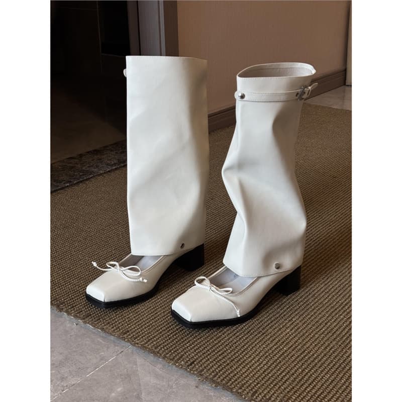 Sheepskin version ~ 2025 new detachable tall French Mary Jane shoes, women's genuine leather white high-top boots/sandals