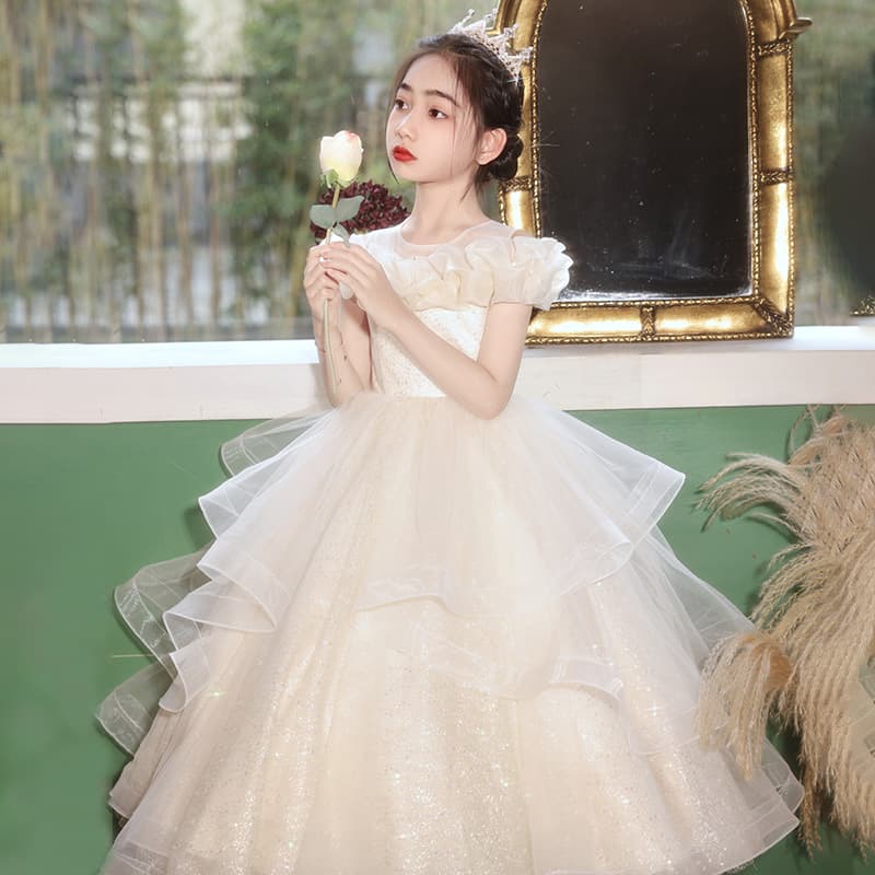 Girls Long Puffy Skirt Evening Gown Polyester Fiber Princess Style Fashionable European And American Elements Short Sleeve