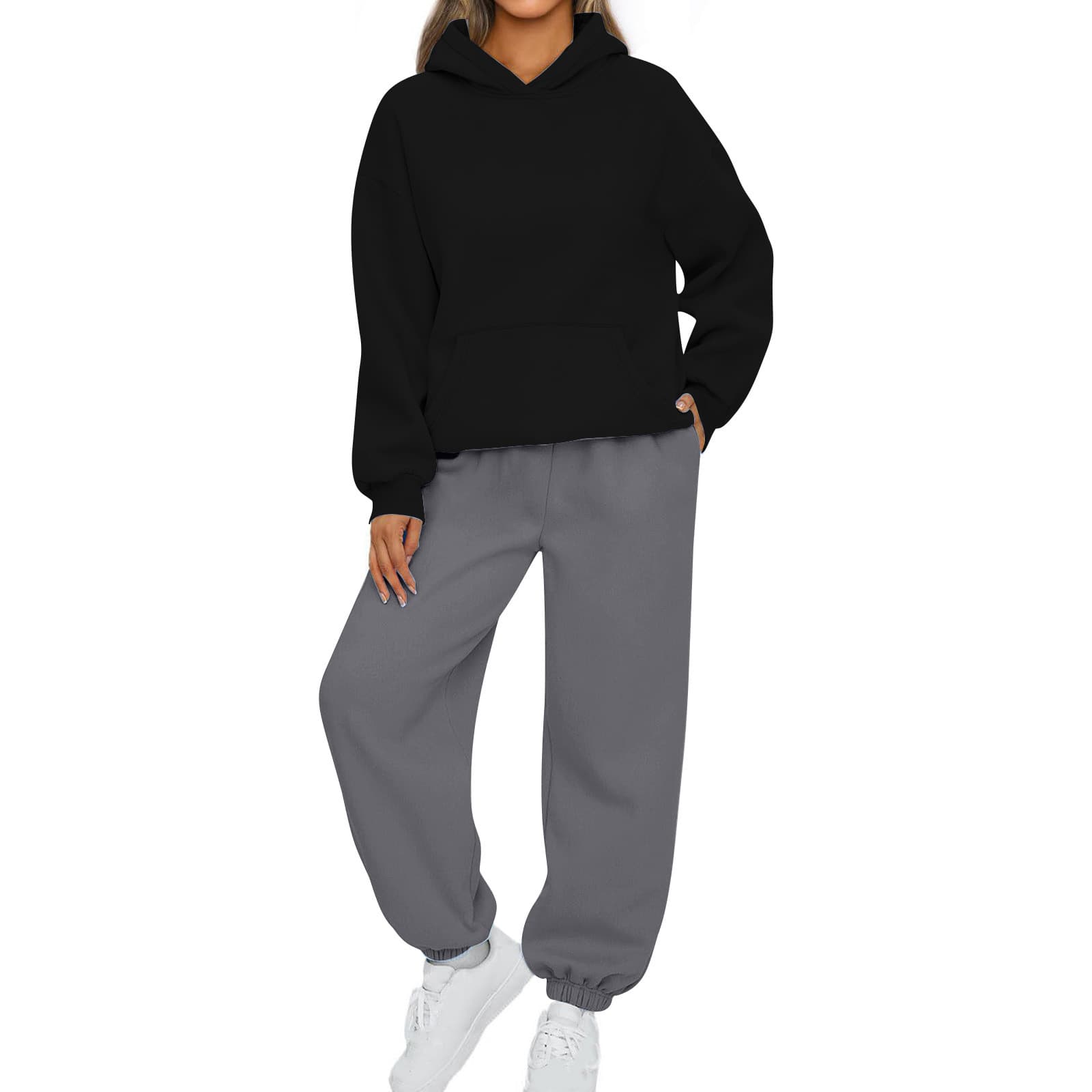New Autumn Women's Solid Color Hoodie Fleece Fashion Casual Oversize Set Stock