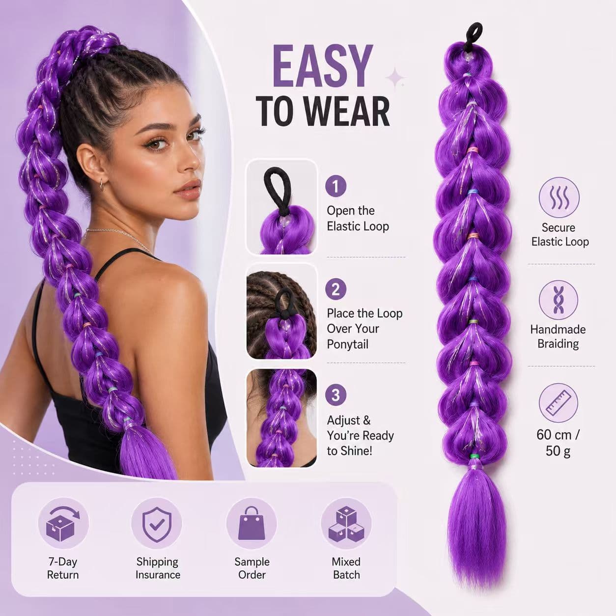 New Cross-Border Purple Ponytail Export to Europe and America Colored Hair Elastic Band Style Laser Fiber Braided Ponytail
