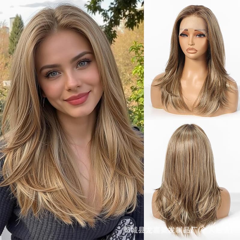 Cross-border European and American brown mixed medium-parted blonde long-layer wig high-level wig eight-character bangs gradient blonde