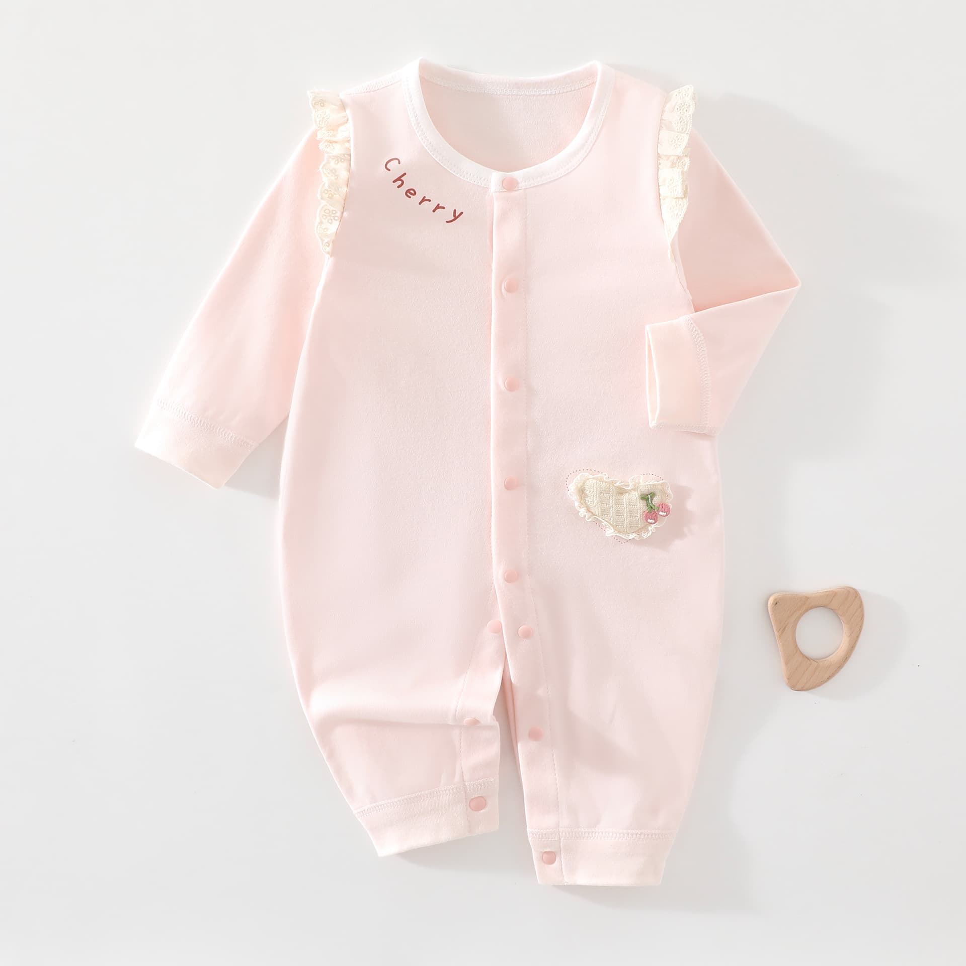 Newborn Baby Girl Romper Spring/Autumn Long Sleeve Bodysuit, Cute Cherry Applique Pocket Infant Outwear