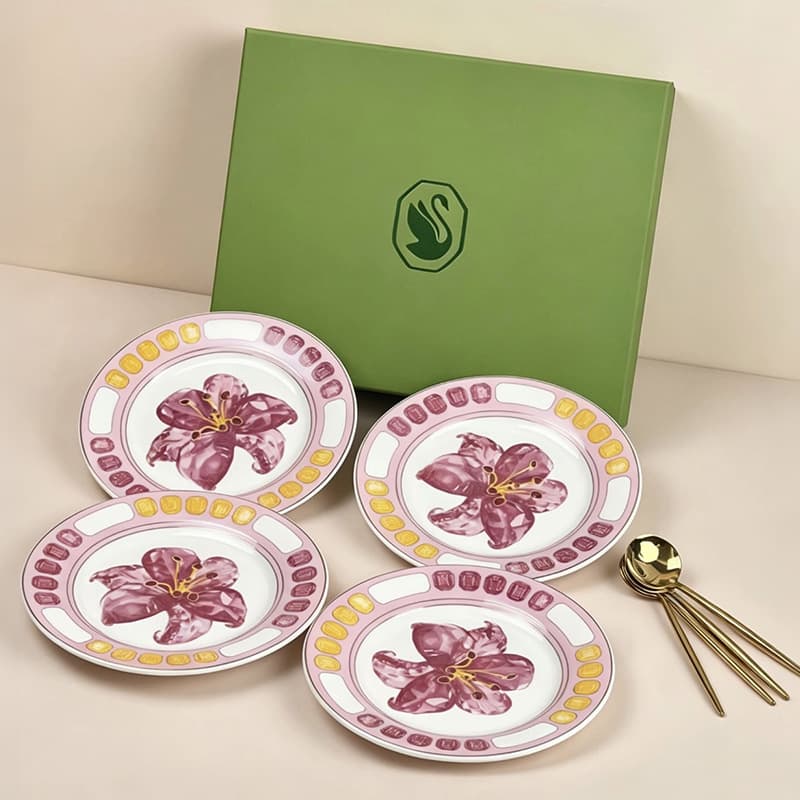 Leah Dessert Plate 8-piece Western Dinner Plate European High-end Bone China Tableware Plate Dinner Plate Gift Box Ceramic Retro
