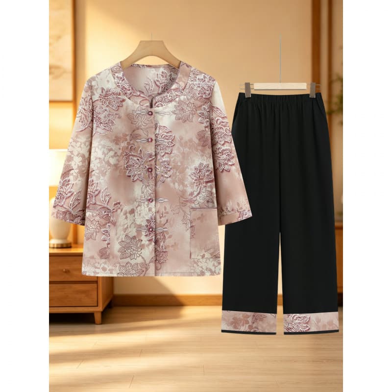 Grandma Summer Set, Middle-aged and Elderly Women's Chinese-style Ice Silk Top with Short Sleeves, Elegant and Slimming Two-piece Set