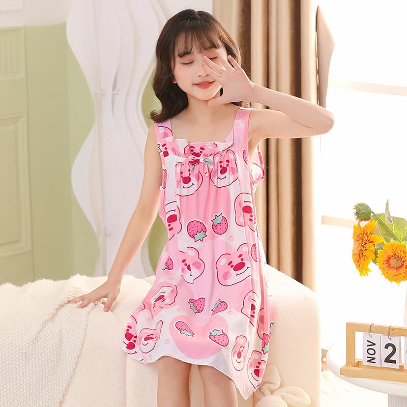 Girls nightgown cotton silk summer thin children's ice silk suspender pajamas girl summer princess dress big children home dress