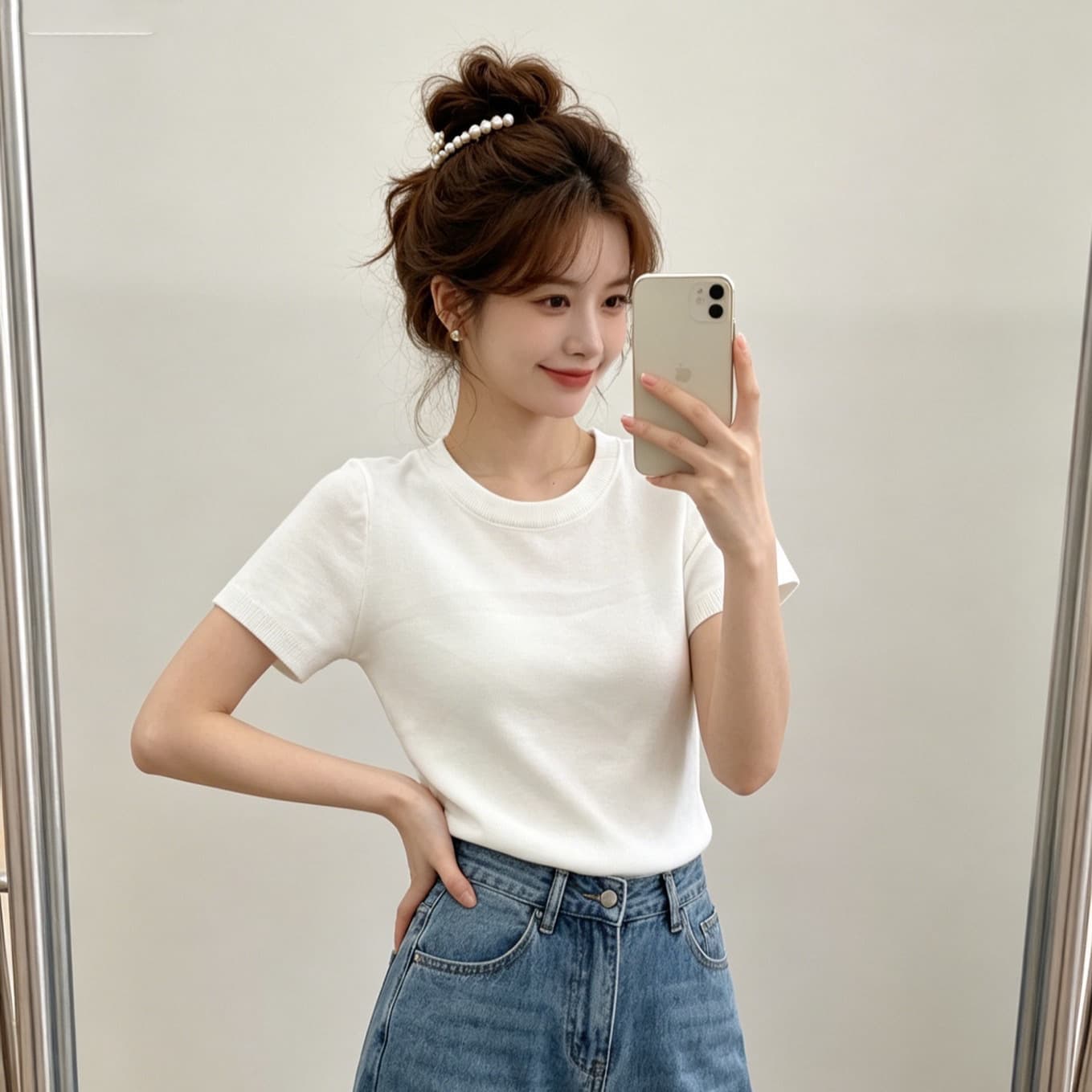 Round neck right shoulder knitted short-sleeved T-shirt for women 2026 spring and summer new style slim short threaded basic versatile top