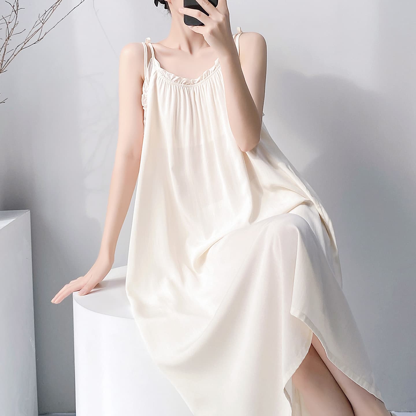 Cotton Silk Camisole Sleep Dress for Women, Spring/Summer Thin Style, Sweet Girl Long Dress, Wearable as Loungewear or Outfit, Cotton Silk Dress