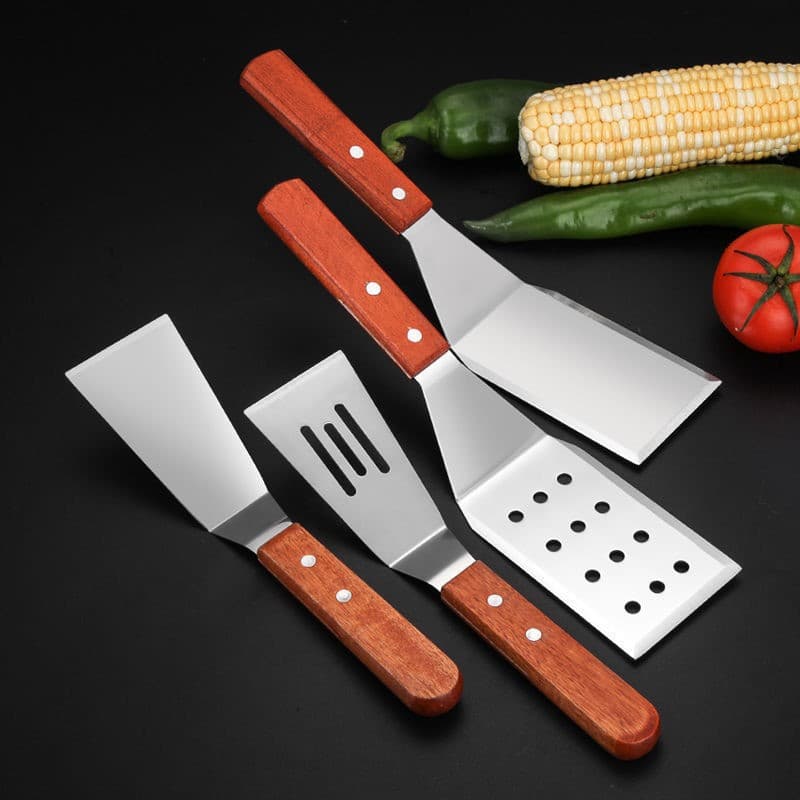 Stainless Steel Spatula with Wooden Handle, Angled Spatula for Teppanyaki, Cooking Spatula, BBQ Turner, Hand Pie and Pancake Tool