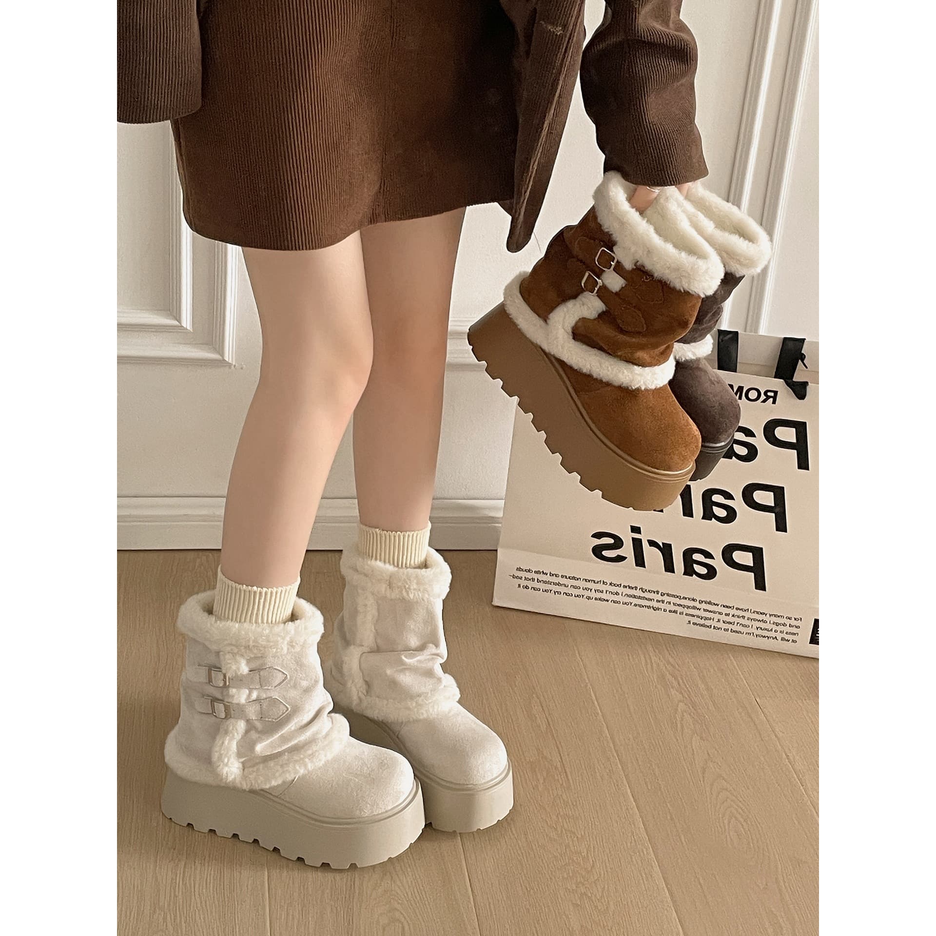 Queen style retro white thick-soled snow boots for women 2025 new winter warm outer wear plus velvet Northeastern cotton shoes
