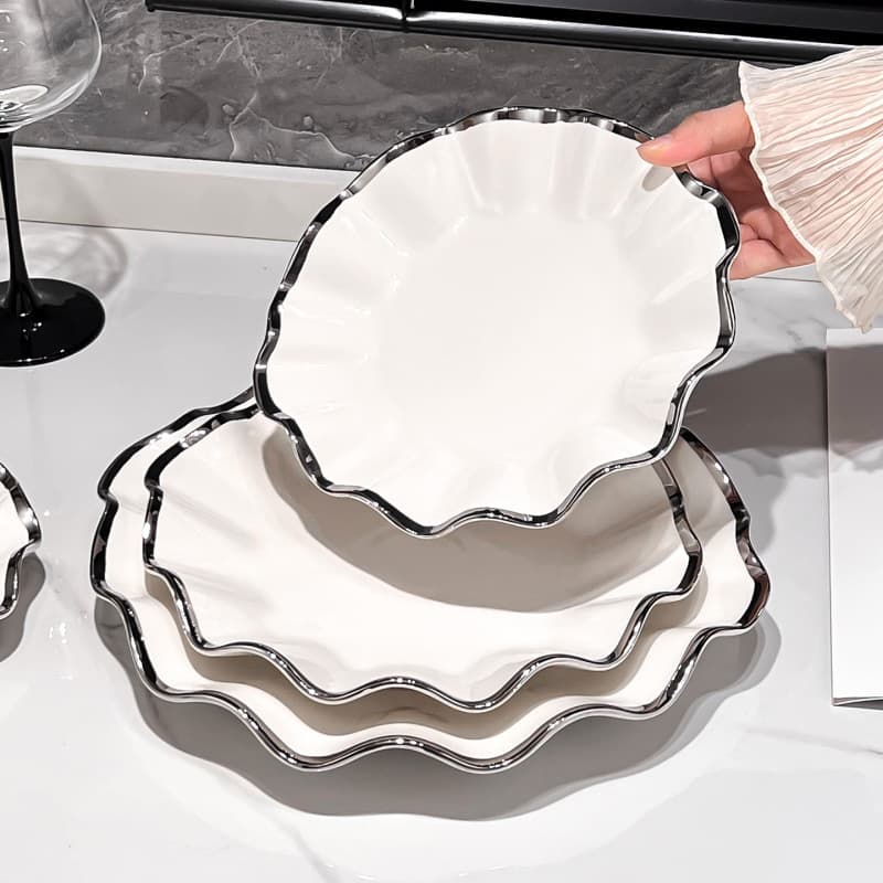 Simple and Fresh Ceramic Plate for Home Use, Steaming Plate, White with Silver Rim, Dumpling Plate, Western Food Plate, Fish Plate, Braised Meat Plate