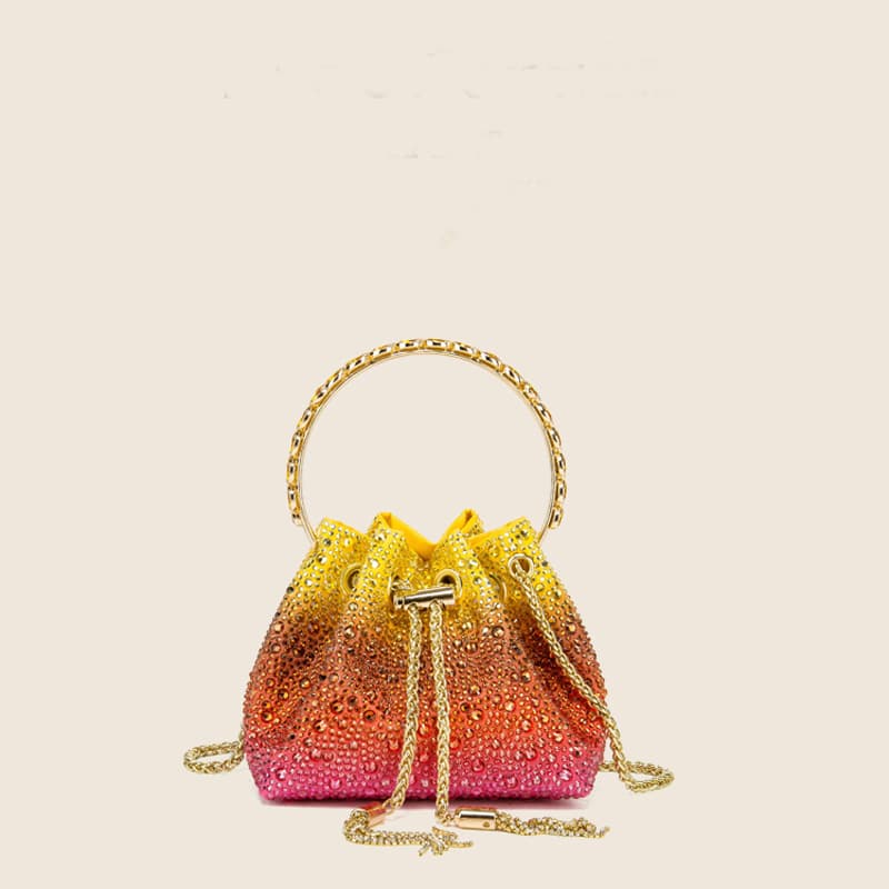 Crystal Embedded Metal Bucket Handbag Women's Bag Diamond Studded Fashionable Small Size Daily Use Handbag Polyester Material