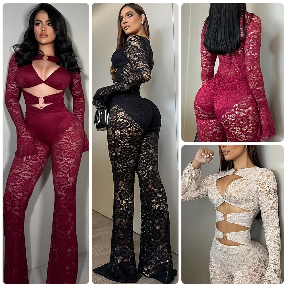 European and American lace jumpsuit for women, halter neck, deep V, hollow waist, flared pants, sexy see-through slim fit jumpsuit 2025