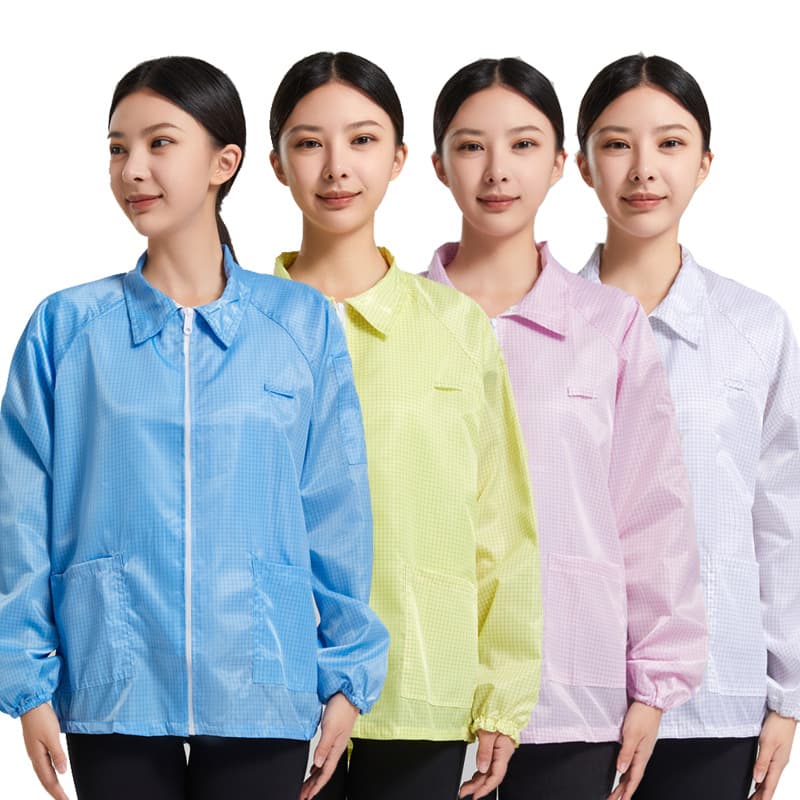 Blue/white jacket-style work uniform, two-piece anti-static clothing for food industry cleanrooms
