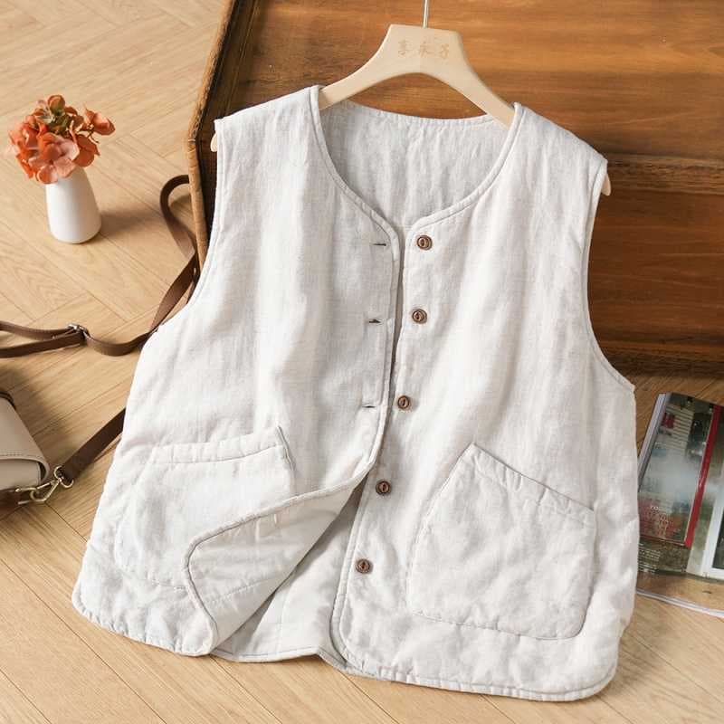 2025 Autumn/Winter New Versatile Linen Vest for Women, Warm and Artistic Retro Cotton Padded Vest