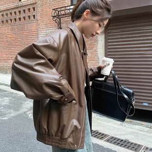 Brown Faux Leather Jacket Women Hong Kong Style 2024 New Autumn High-End Loose American Retro Motorcycle Coat Top