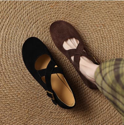 Sister Ran's Clearance Sale~~~Vintage Matte Sheepskin Flat Mary Jane Shoes for Women, Round Toe, Genuine Leather, Soft Leather, Soft Sole