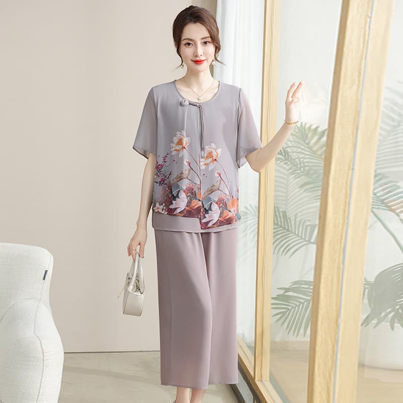 Plus Size Fashionable Short-Sleeve Mother's Summer New Chiffon Set, Middle-Aged and Elderly New Chinese Style National Trend Two-Piece Set
