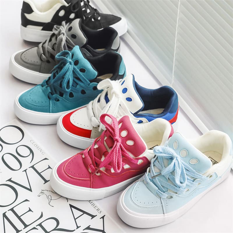 2025 Spring New Breathable Color Block Skateboard Shoes Couple Student Korean Style White Sneakers Women's Trendy Bread Shoes