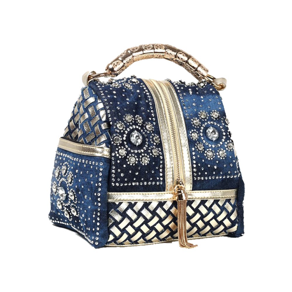 2026 New Women's Denim Bag Canvas Woven Rhinestone Cylinder Fringe Bag Shoulder Crossbody Small Bag