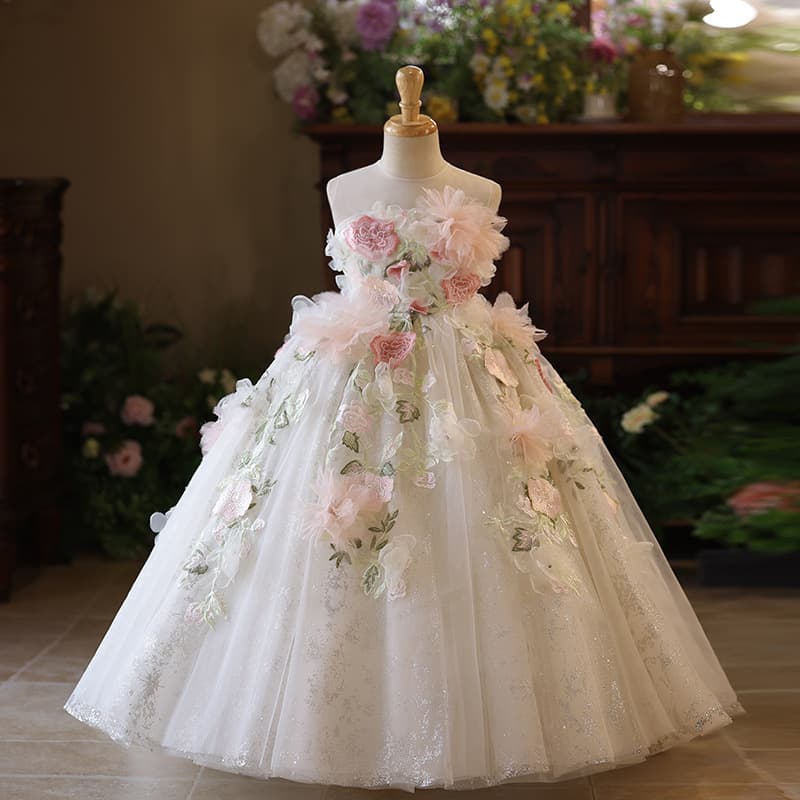 Children's Formal Dress, Flower Princess Dress for Girls, Birthday Party Light Luxury Evening Gown, Piano Performance Outfit