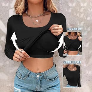 2025 Fall European and American New Style U-Neck Solid Color Long Sleeve T-Shirt with Built-in Bra, Women's Sexy Layering Top