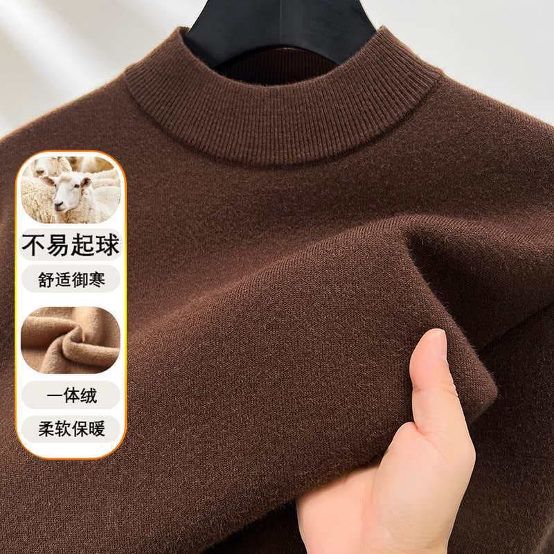 High-end semi-turtleneck men's sweater with velvet and thickening for autumn and winter with winter bottoming sweater for men