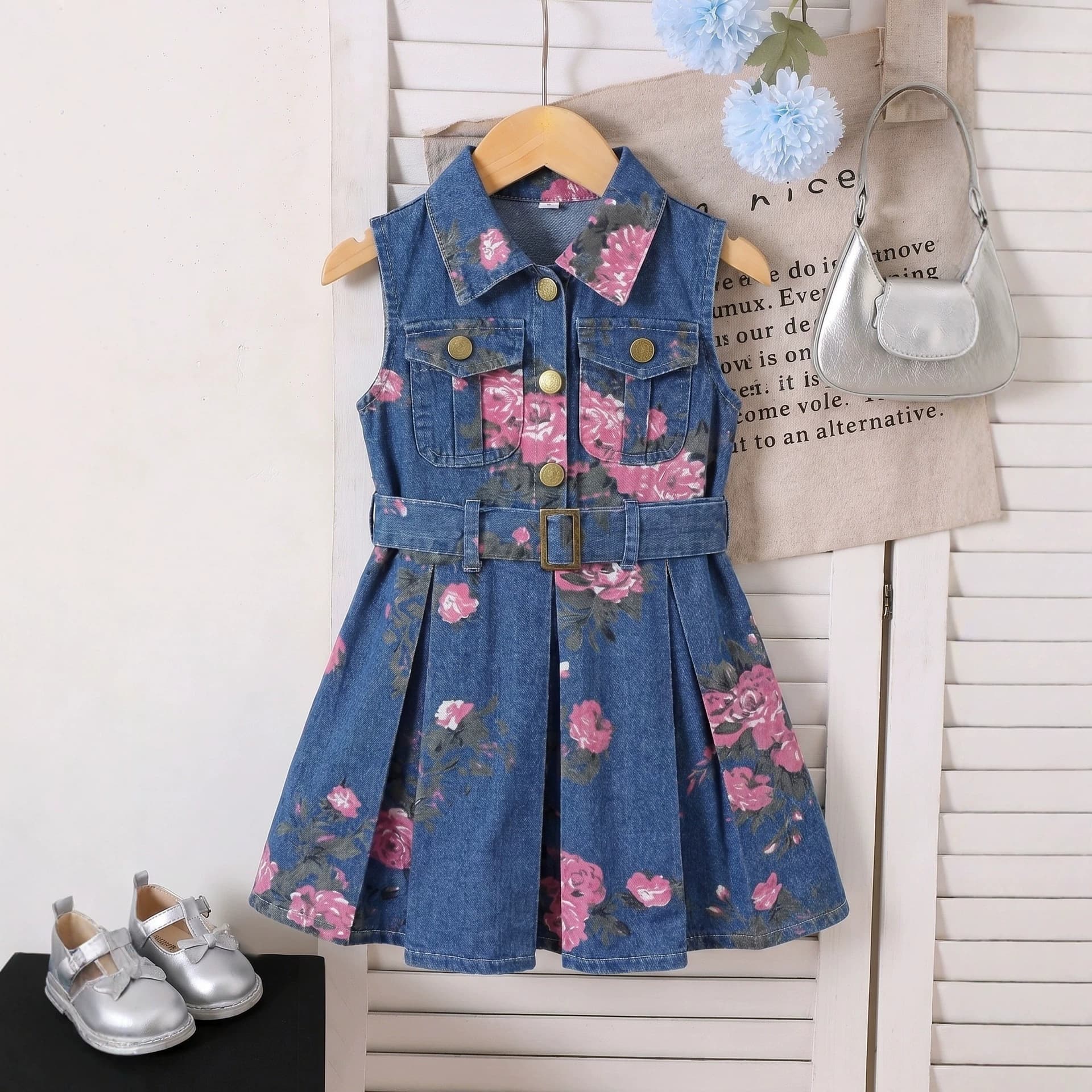 Girls' Summer Denim Vest Dress with Turn-Down Collar, Single-Breasted, Removable Belt, Floral Denim A-Line Dress