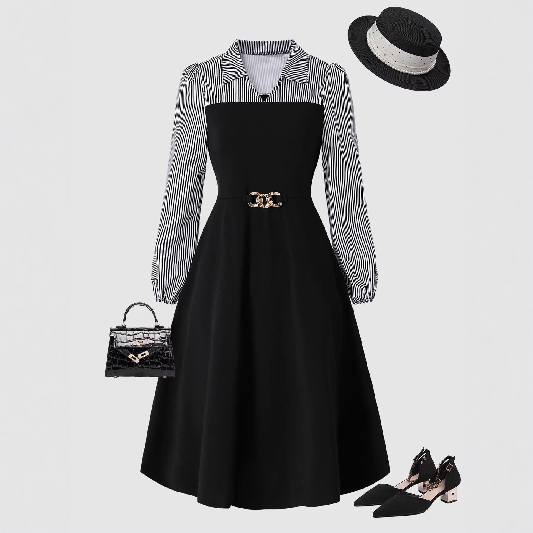 Girls Teen Casual Dress Spring Autumn Girls Long Sleeve Lapel Skirt Striped Splicing Including Imitation Metal Chain