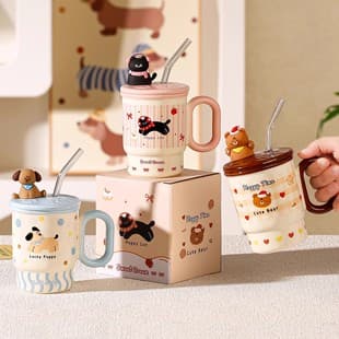 Ceramic Straw Tumbler Mug with Lid, Stylish Home Office Coffee Cup, Gift for Women Birthday