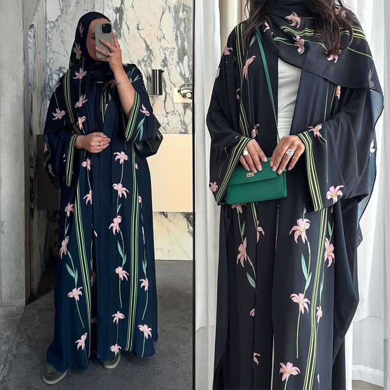 LN237 Modest Printed Cardigan Headscarf Outer Wear Long Robe Amazon Two-Piece Set