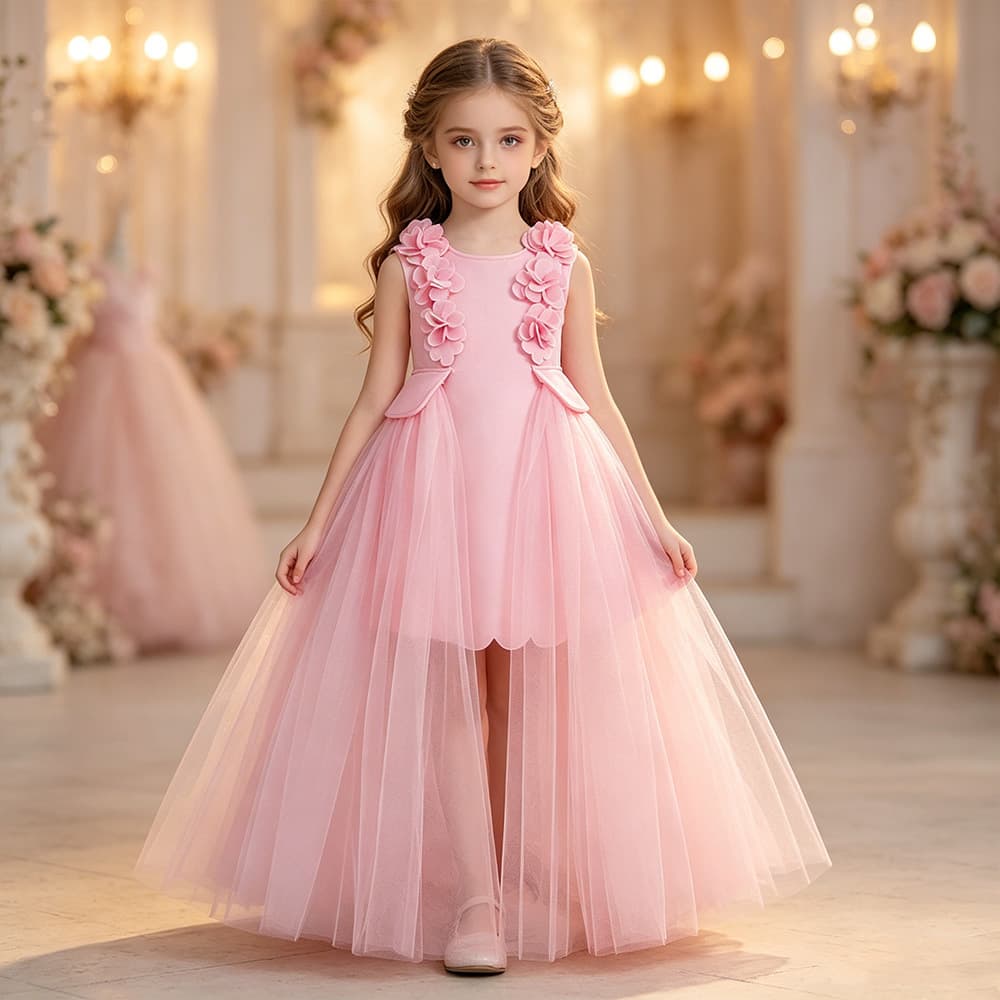 Foreign Trade Girls Princess Dress Mesh Long Wedding Dress Runway Gown Little Girl Party Evening Dress Flower Puffy Skirt