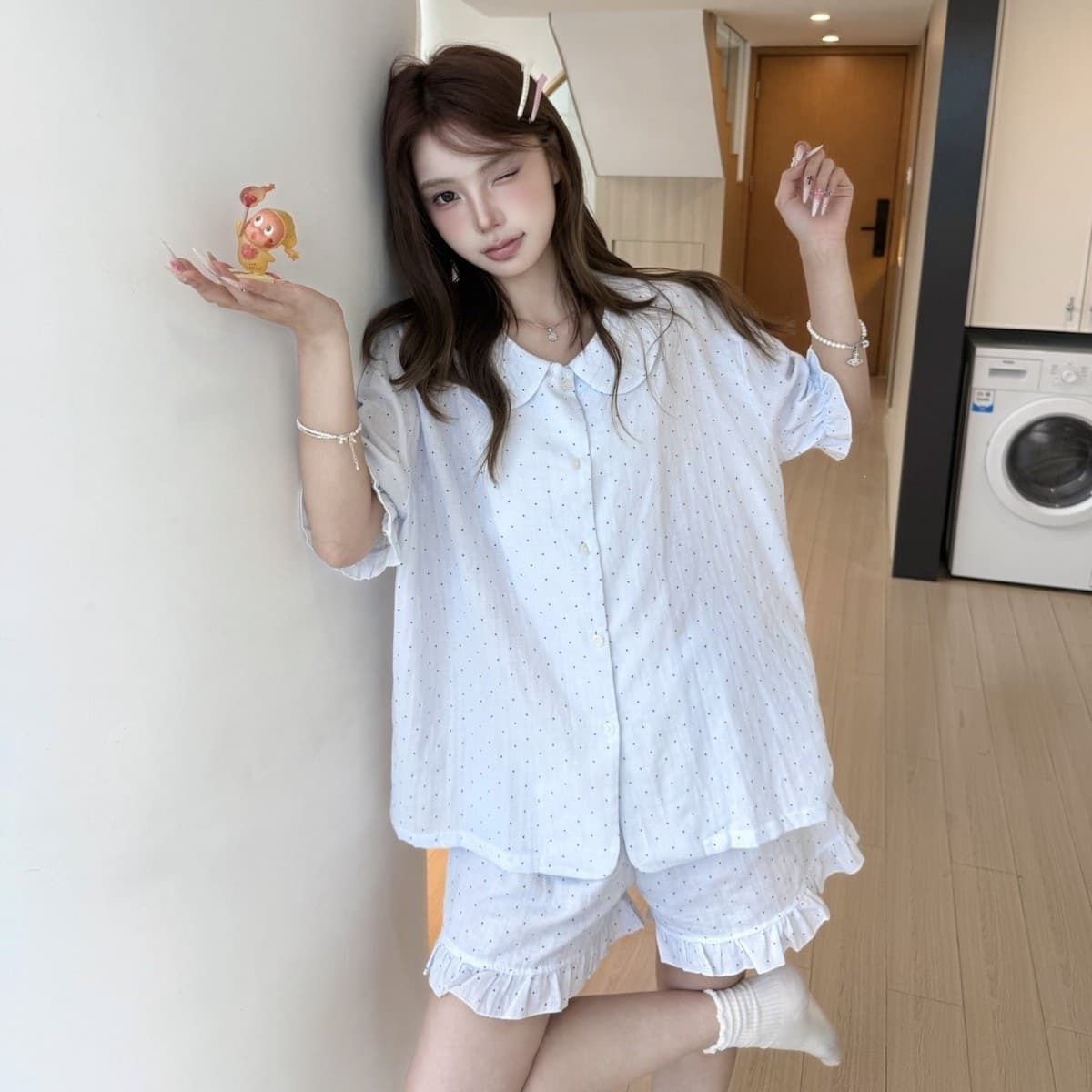 [100% Cotton] New Summer Cotton Pajama Set for Women Short Sleeve Shorts Fresh Girl Doll Collar Loungewear Thin